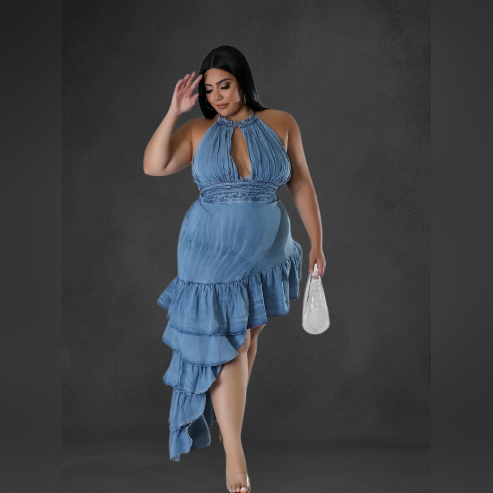Blue Asymmetrical Ruffled Backless Jeans Plus Size - Picture 11 of 12